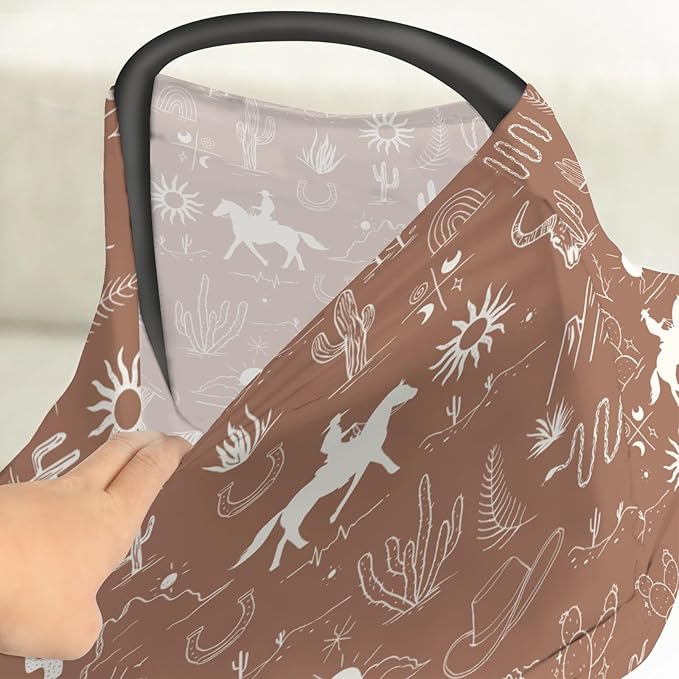Western Cowboy Car Seat Cover for Babies Wild West Cactus Mountain Snake Cattle Skull Sun Stretchy 5-in-1 Covers Adjustable Car Canopy Breastfeeding Cover Desert Adventure Breathable Nursing Cover-Up