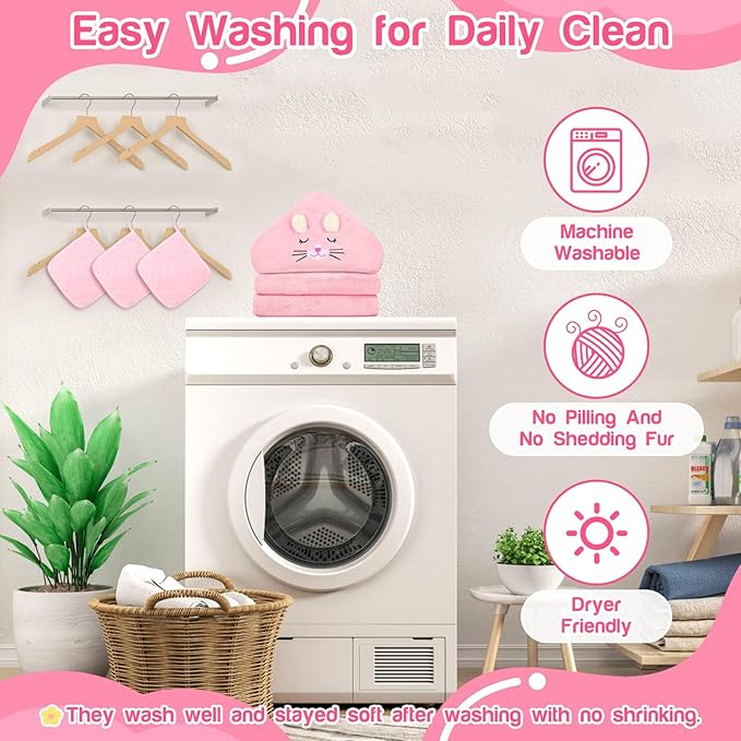 Sublaga 4 PCS Hooded Baby Towels, Absorbent Baby Bath Towel, Soft Baby Towels and 3 PCS Baby Washcloths for Newborns, Toddlers, and Kids, 32x32 in Baby Towel with Hood for Boy and Girl (Pink Kittens)
