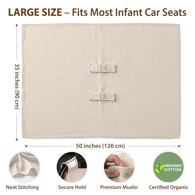 100% Organic Muslin Cotton Car Seat Cover 35 x 50 Inches Soft Touch Breathable Canopy, Protective Car Seat Cover Baby All Seasons Lightweight Car Seat Cover Travel Comfort (Ivory)