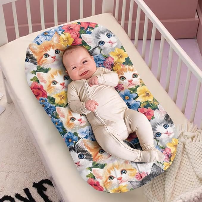 Cute Cats Snuggle Me Lounger Cover for Baby Boys and Girls,Kitten Floral Lounger Pillow Covers, Newborn Infant Nest Slipcover 31.5'' x 21.3''