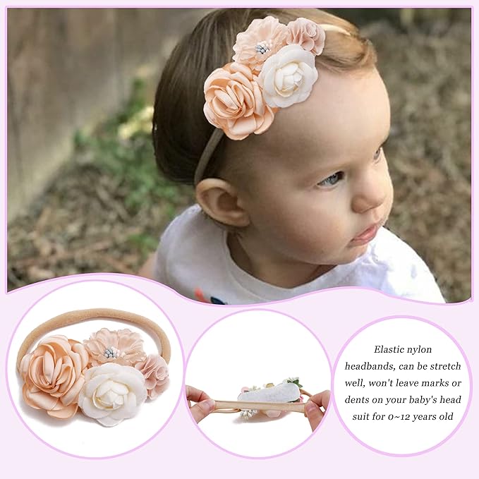 Baby Girl Flower Headband 6 PCS Elastic Hairbands Handmade Nylon Bows Headbands Chic Floral Hair Accessories Kids Gifts for Newborn Infant Toddlers
