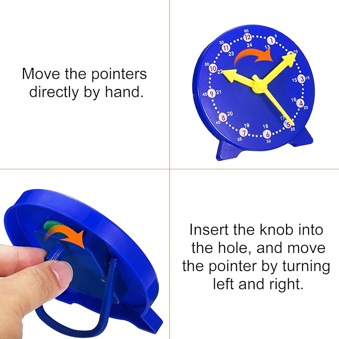 PATIKIL 4 inch Teaching Clock, 2 Pack Learn Clock Learning Tell Time Analog Clock Demonstration Clock 24 Hour 3 Pointers Geared Movement for Classroom Teacher, Blue