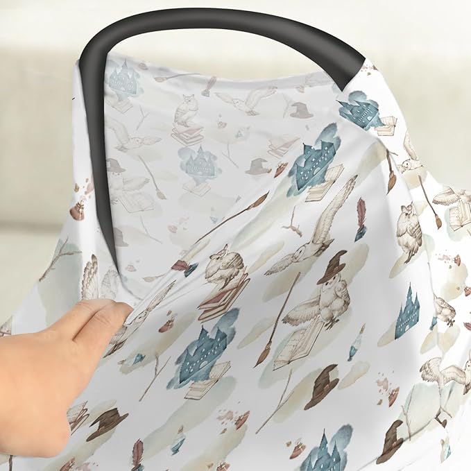 Vintage Wizard Owls Car Seat Cover for Babies Watercolor Witch Hat Books Castle Clouds Stretchy 5-in-1 Cover Adjustable Infant Carseat Canopy Cover Magics Wizard Universe Breathable Nursing Cover-Up