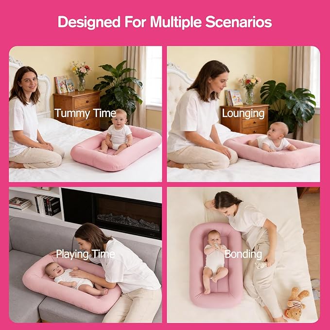 Baby Lounger for Newborn, 0-24 Months, Soft Cotton, Infant Lounger for Home and Travel, Portable Playtime Baby Nest, Including Cover(Pink), Pallet of Product