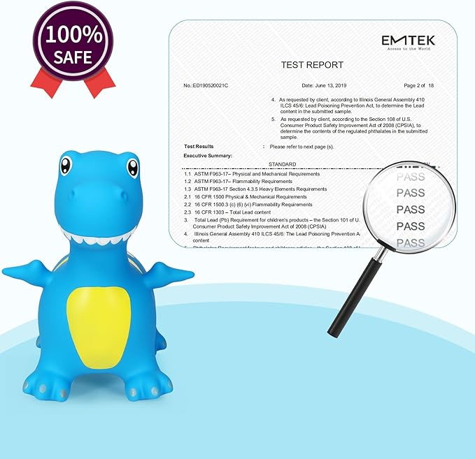 INPANY Bouncy Horse, Dinosaur Hopper Toys, Toddler Bouncing Animal, Dinosaur Party Decorations, Kids Inflatable Ride on Rubber Bouncer, Outdoor Cool Birthday Gift for 2 3 4 Yr Boy Girl Blue