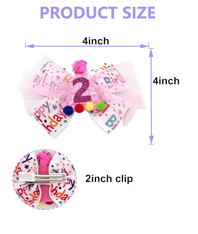 Birthday Hair Bow for Baby Girls 1 2 3 4 5 6 Years Sprinkle Decorations Party Pink Hair Accessories for Two 2nd Birthday Confetti Ice Cream