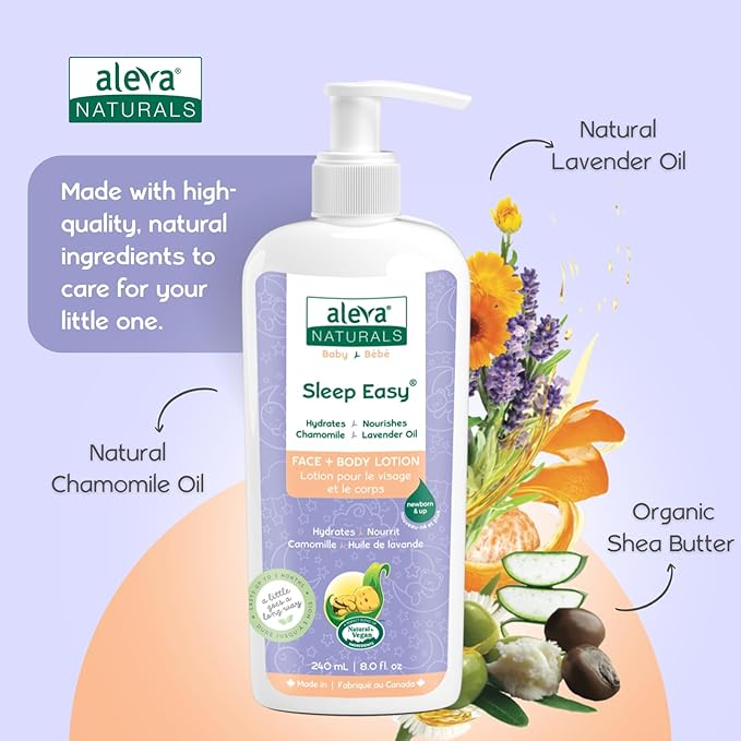 Aleva Naturals Sleep Easy Calming Relaxing Bedtime Baby Lotion, For babies and toddlers, Enriched with Lavender and Chamomile Oils, Sensitive Skin Friendly, Organic Ingredients - 8 Fl Oz