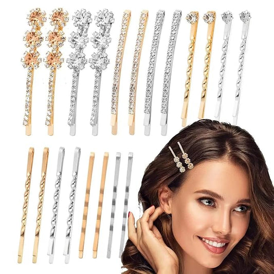 20 PCS Decorative Bobby Pins for Women's Hair, Rhinestone Bobby Pins with 5 Elegant Designs (Glod & Silver), Jeweled Hair Pins Decorative Hair Accessories for Women