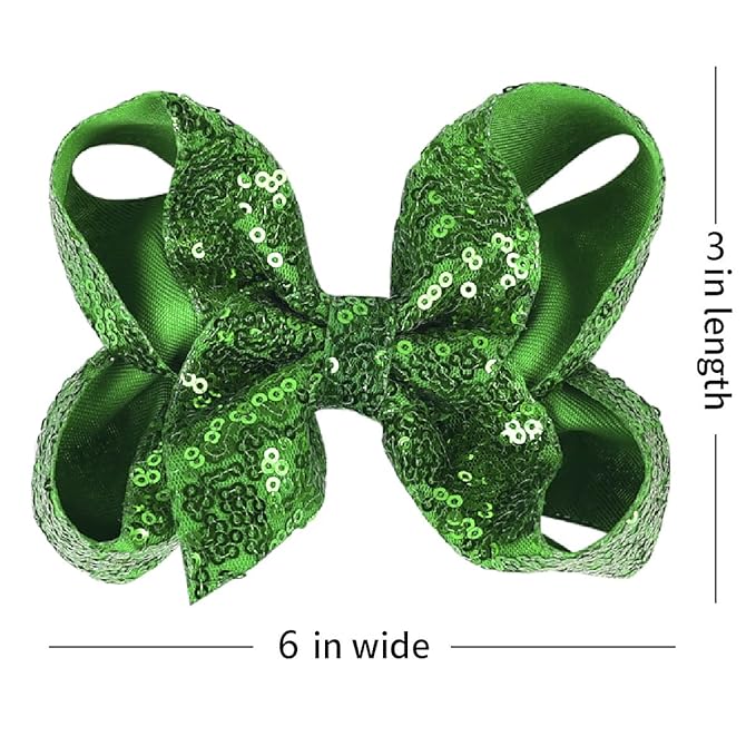 6 Inch Green Sparkly Glitter Sequin Hair Bows for Girls Toddlers Kids Children Teenage (2PCS)