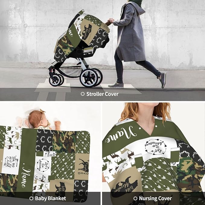 Personalized Deer Bear Baby Car Seat Canopy for Babies with Name, Custom Woodland Army Green Car Seat Covers for Boys, Opening Minky Nursing Breastfeeding Cover Infant Carseat Canopies for Newborn