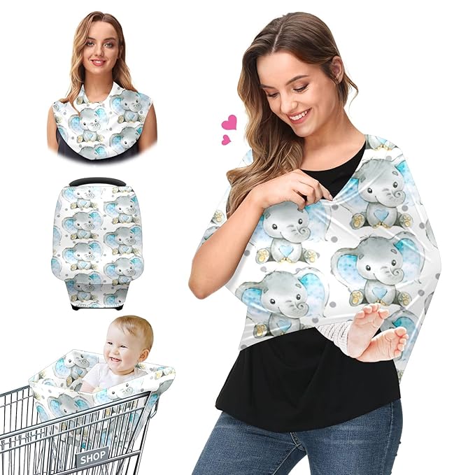 FCZ Baby Car Seat & Stroller Covers - Elephant Jungle Nursing Cover - Breathable Cotton - White/Blue - Not Water Resistant