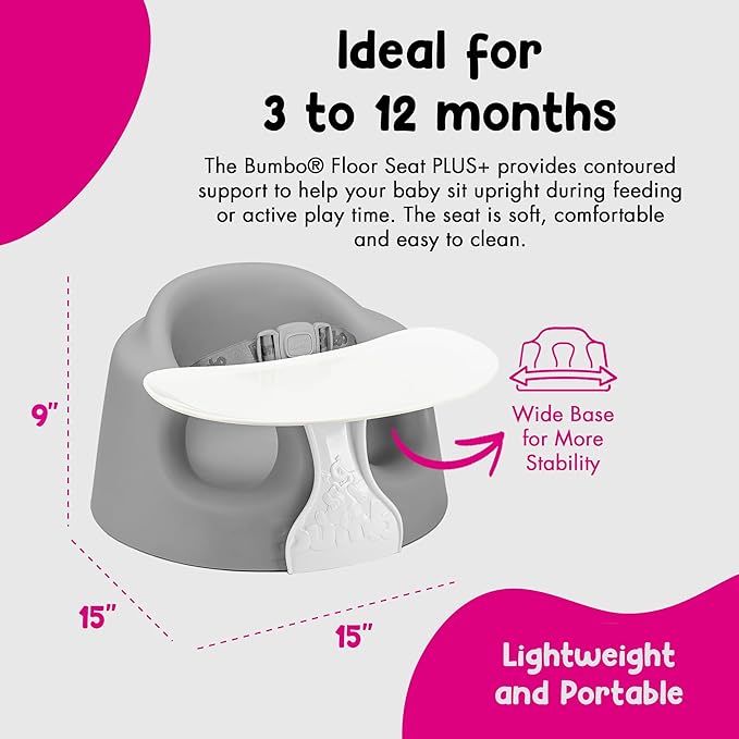 Bumbo Foam Infant Floor Seat Plus+ with Tray for Babies 3 to 12 Months Old, Monsoon - Portable Soft Baby Chair with Large Legroom and 3-Point Harness for Feeding and Play