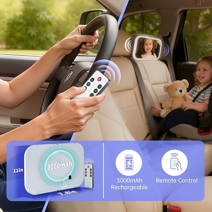 Baby Car Mirror with Remote Control Light, Shatterproof, 360° Adjustable Wide View with Night Vision, Easy Install for Rear Facing Infant Backseat