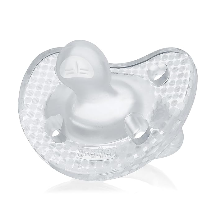 Chicco PhysioForma Luxe Orthodontic Pacifier for Babies 0-6 Months, One-Piece 100% Soft Silicone, Supports Breathing, Textured Shield & Handle, Included Sterilizing Case, BPA Free, 2-Pack, Crystal