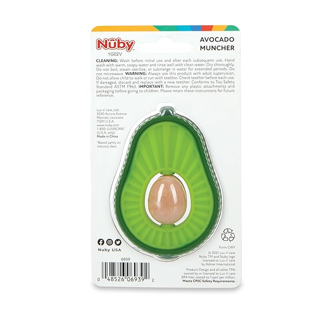 Nuby Silicone Avocado Teether with Spinning Wood Seed- 3+ Months