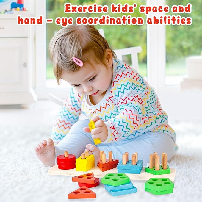 LovesTown Stacking and Sorting Learning Puzzles, Montessori Wooden Sensory Toys for Toddlers, 20 PCS