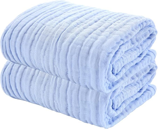 YEBON ProC 2Pcs Baby Muslin Bath Towels, Super Soft Cotton Bath Towel 6 Layers Infant Newborn Swaddle Blanket 41.3 X41.3 Inches,Baby Registry as Shower (Blue)