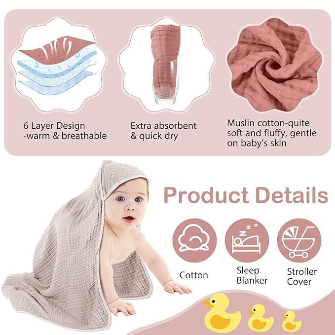 Peryiter 4 Pcs Muslin Hooded Baby Towels 32 x 32 Inch Cotton Newborn Bath Essentials Muslin Infant Blankets Absorbent Registry Gifts for Girl Boy Kids Baby Shower (Beige Series)