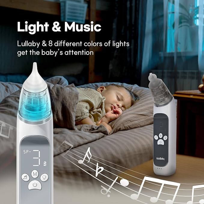 HubiBaby Nasal Aspirator for Baby, Electric Nose Aspirator, Nose Sucker, Automatic Nose Cleaner with 3 Silicone Tips, Adjustable Suction Level, Music and Light Soothing Function - FSA/HSA Eligible