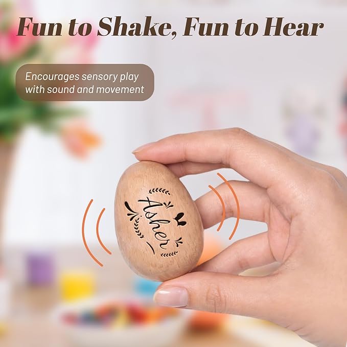 Custom Musical Easter Egg Shaker with Engraved Name, First Easter Gifts for Baby 2026, Wooden Easter Egg Basket Stuffers for Kids, Fake Eggs for Egg Hunting Prize Decor Party Baptism Gift 1 PCS