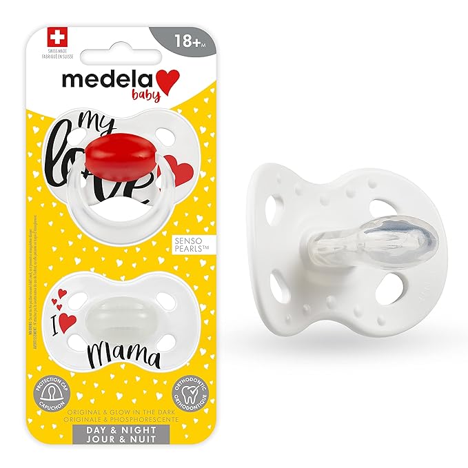 Medela Baby Pacifier | Day and Night Glow in The Dark | 18+ Months | 2-Count, Lightweight | BPA-Free | Supports Natural Suckling | My Love and I Love Mama