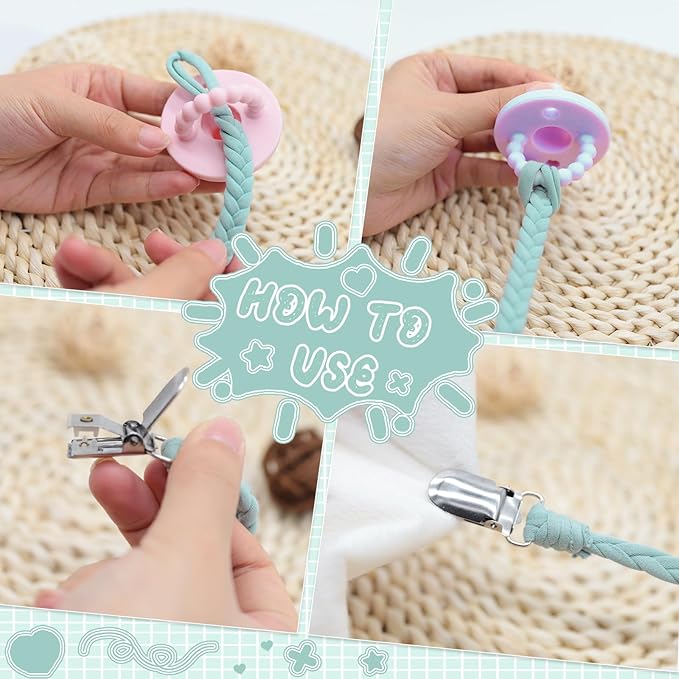 4 Pcs Pacifier Clip, Pacifier Clips for Boys & Baby Girls Pacifier Holder Clip Binky Clips Braided 100% Handmade Fits All Pacifiers(Blue, 4 Pack)