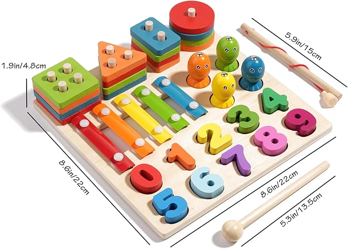 4-in-1 Wooden Activity Board for Toddlers Kids - Montessori Learning Toy with Magnetic Fishing, Number Blocks Puzzles, Shape Sorter & Xylophone - Educational Gift