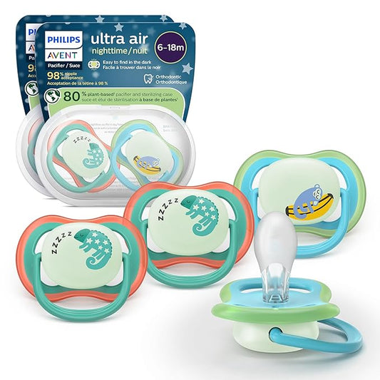 Philips Avent Ultra Air Nighttime Pacifiers - Orthodontic Design, for Babies 6-18 Months, Glow in The Dark, Soft Silicone Symmetrical Nipple, BPA-Free, with 2 Sterilizing Cases, 4 Pack, SCF376/36
