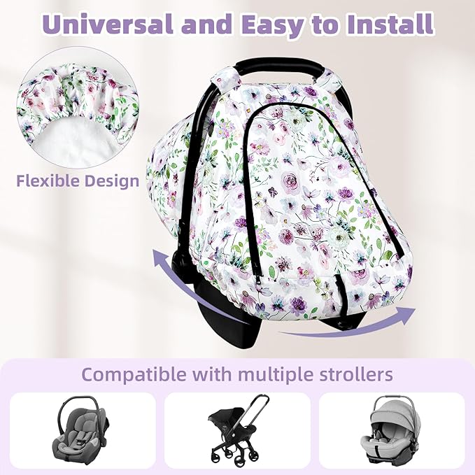Winter Car Seat Cover Baby, GFU Warm Carseat Cover for Babies, Universal Infant Car Seat Canopy Waterproof, Cold Weather Shield Coats Purple Flowers