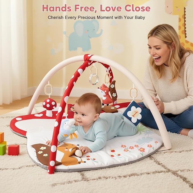 Baby Play Mat & Baby Seats for Infants for Sitting Up | Tummy Time Gym Activity Mat with 5 Detachable Toys for Stage-Based Sensory | Babies Essentials Gift for Newborn 0-6-12-18 Months (Red)