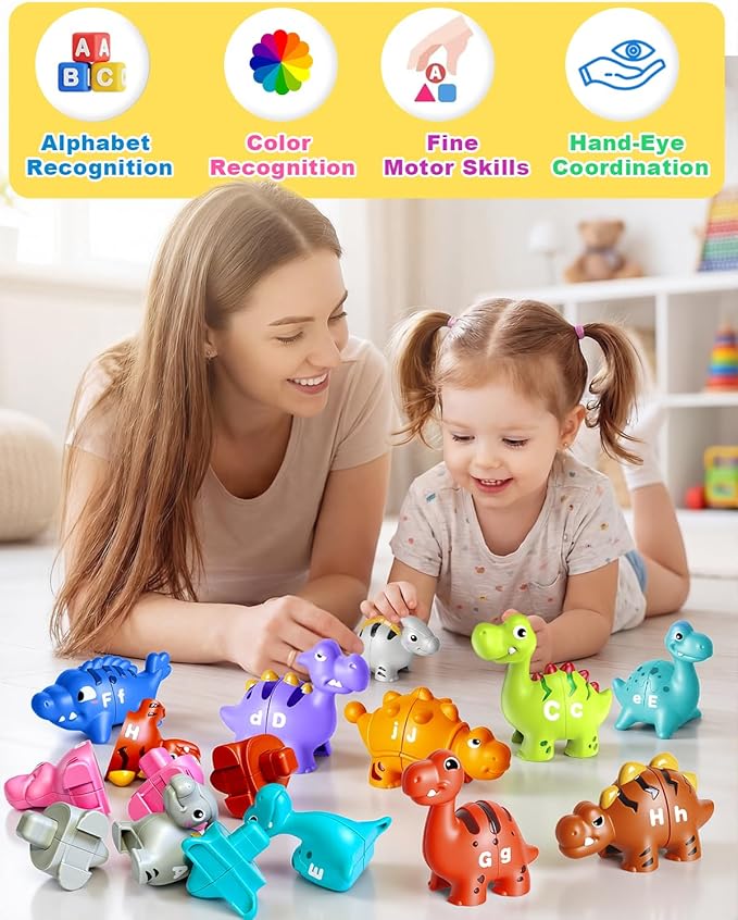 52 PCS Dinosaur Alphabet Learning Toys for Toddlers Kids 3-5, 10 Different Dinosaur Figures, Double Sided ABC Matching Game, Preschool Activities Montessori Fine Motor Toys for Toddlers Kids