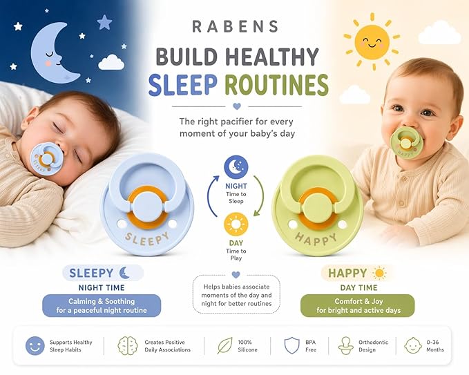RABENS Silicone Pacifiers 2 Pack Happy & Sleepy Design BPA Free Natural Rubber Nipple Emotional Support for Babies 0–36 Months