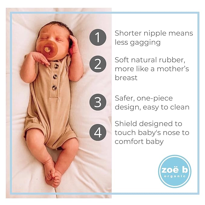 Symmetrical - Shorter Nipple Less Gagging - Small Newborn - Natural Rubber Pacifier - BPA-Free - Soft - Handcrafted in Italy