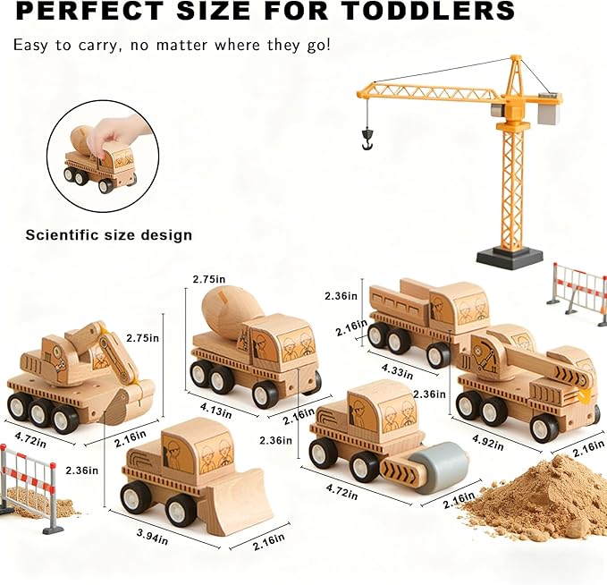 6-Piece Wooden Construction Vehicle Toys Set with Bulldozer, Excavator, Crane, Dump Truck – Montessori Toddler Toys Ages 2-4, All-Natural Safe Push & Go Gift for Boys & Girls