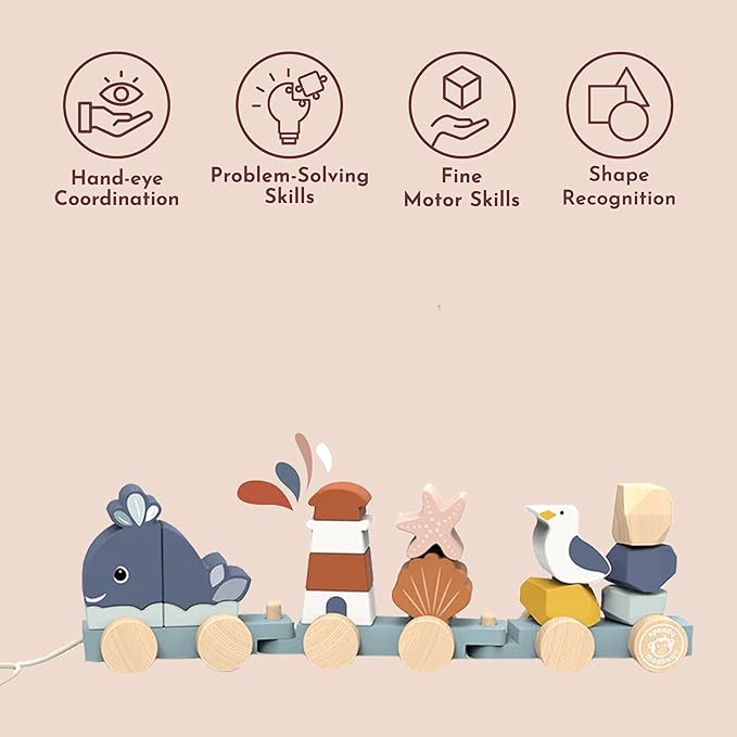 SPEEDY MONKEY Ocean Train Stacker for Toddlers 12m+ | Wooden 15 Piece Stacking & Sorting Toy | Seaside-Themed Train Pull Along for Walking & Crawling | Fine Motor & Early Learning Gift for Kids