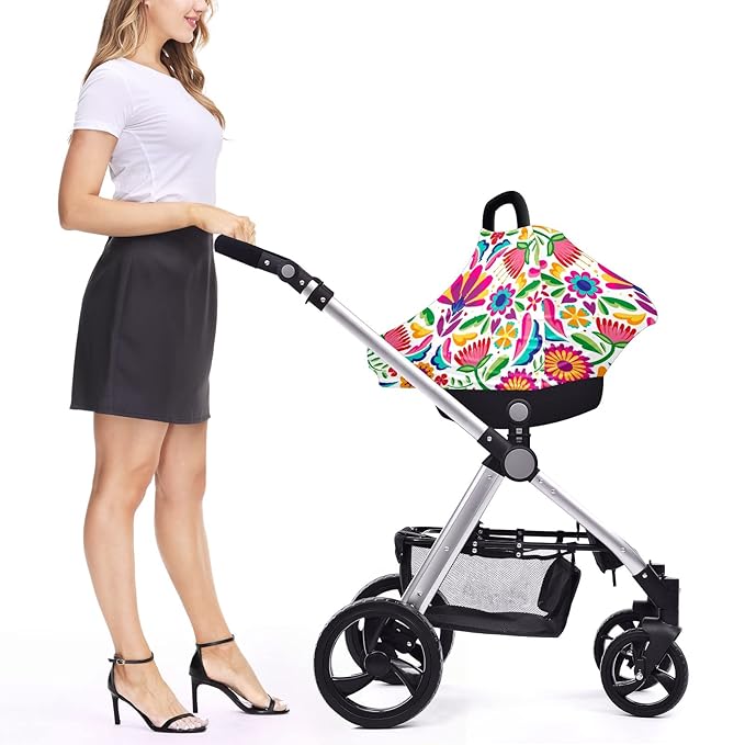 Baby Car Seat Stroller Covers Spring Mexican Flower Leaf Nursing Cover Breastfeeding Scarf Soft Breathable Stretchy Infant Car Canopy Coverage Carseat Cover for Boys and Girls Multi Use