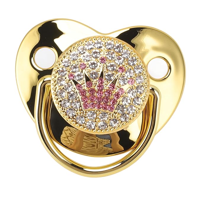 Baby Pacifier Symmetrical One Piece Design Nipple Shape Helps Promote Oral Development Ultra Light Soft Bling Silicone Newborn Pacifier for 6 to 18 Months Infant (Gold)