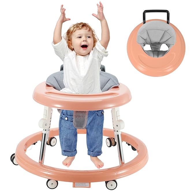 Baby Walker Foldable with 6 Adjustable Heights, Baby Walker with Wheels Portable, Infant Toddler Walker for Baby Boy Girls 6-18 Months (Pink)