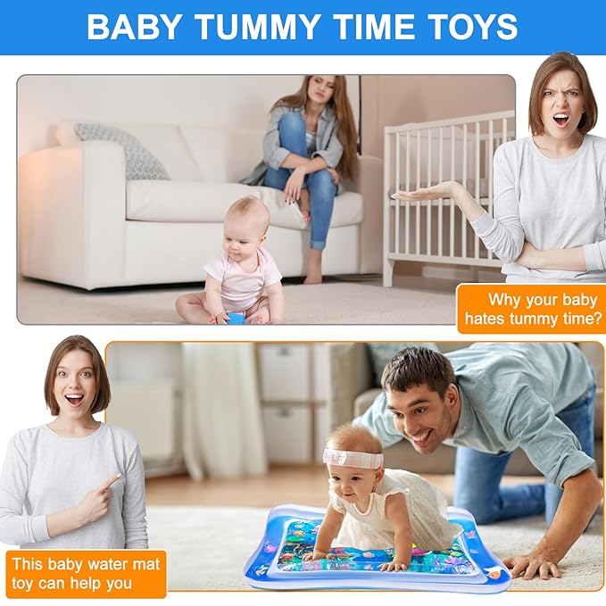 Baby Water Mat, 27x20in Inflatable Tummy Time Watermat with Climate Pledge Friendly, Safe Water Play Mat Sensory Toy for Infants 3-36 Months, Portable Travel Water Pad for Baby Gift (Blue)