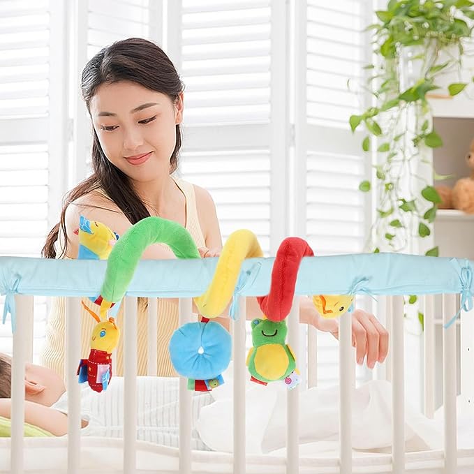Baby Crib Hanging Rattles Toy, Infant Stroller Worm Crib Bed Around Rattle Bell, Cartoon Insect Spiral Hanging Sensory Toy for Infants Bed Stroller Car Seat Bar for Babies Boys and Girls
