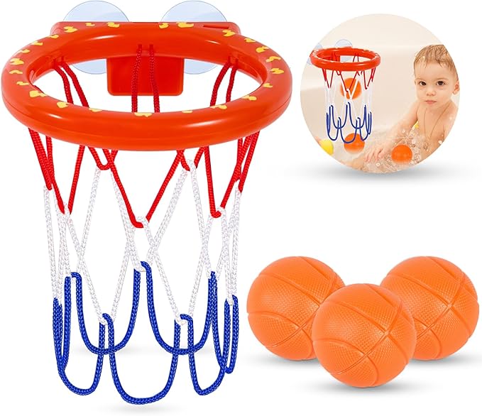 Bath Toys, Bathtub Basketball Hoop for Kids Toddlers, Bath Shower Toys for Kids, Strong Suction Cup Basketball Hoop & 3 Soft No-Hole Balls Set for Toddlers, Boys and Girls