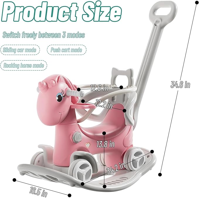 Rocking Horse for Toddlers 1-3 Years,4 in 1 Design, Kids Ride on Toy Balance Bike Push Cart with Detachable Balance Board,Fun Birthday Gifts-Pink