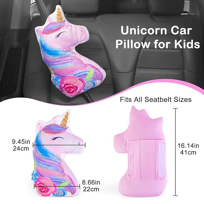 FIODAY Seat Belt Cover Pad for Kids Unicorn Seatbelt Pillow Soft Seat Belt Cover Car Pillow Toddler Travel Seat Strap Pad Neck Support for Girls Boys, Purple Blue