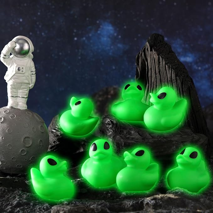Leyndo 24 Alien Duck Figures Glow in The Dark Rubber Aliens Party Favors Decoration Green Squeaky Duck Figurine to Hide and Seek Bath Toys Bag Fillers Bulk Gifts for Space Party Supplies