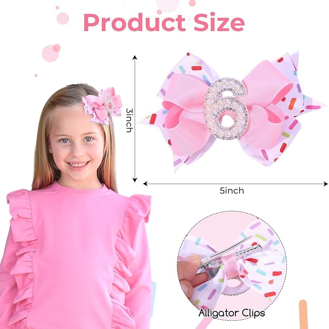 2PCS Hair Bows for Baby Girls Birthday - 6th Birthday Hair Bow Sweet Theme with Ice Cream Party, Pink Hair Accessories for Baby Toddler 1 2 3 4 5 6 Years, Outfit & Decorations