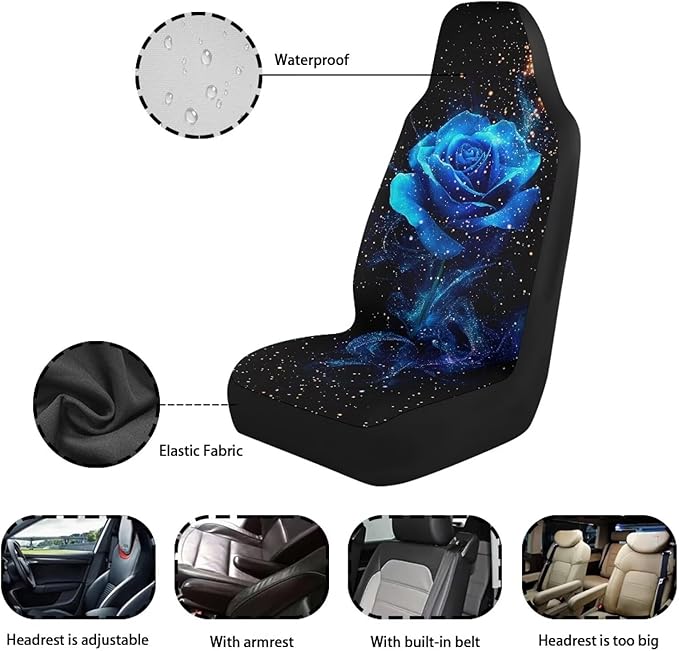Blue Rose Car Front Seat Covers Waterproof Car Seat Cover for Front Seat Set of 2 Removable Automotive Accessories Elastic Fabrics Universal Fit Most Cars,SUV, Trucks