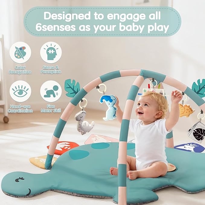 Baby Tummy Time Mat, Oversize Dinosaur Shaped Baby Play Gym Mat with 6 Toys, Play Mat for Babies 0-6-12 Months Promotes Motor Skills & Sensory Development, Newborn Essentials Infant Shower Gift