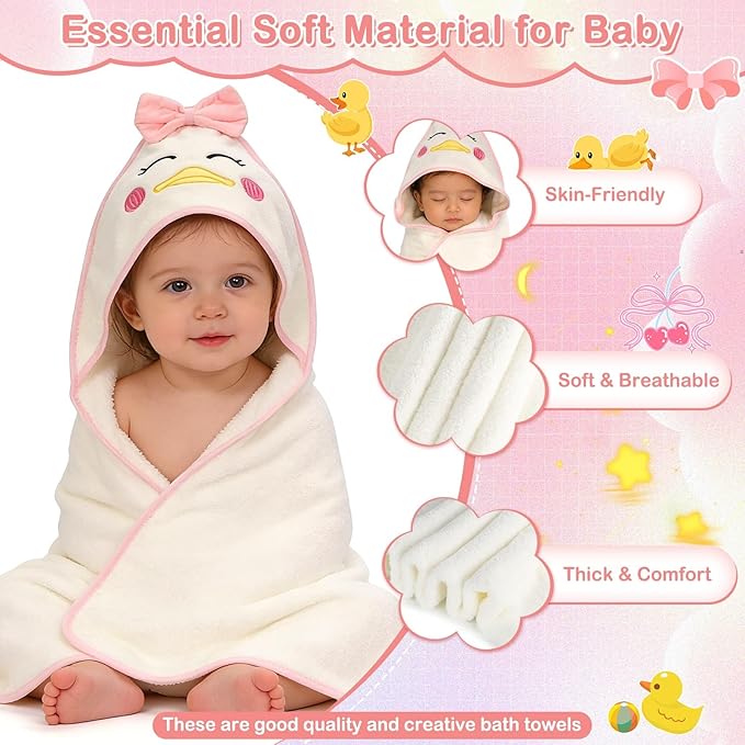 Flasoo 4 PCS Baby Towels Set, Soft Baby Towels and Washcloths Set, 1 Hooded Baby Towel and 3 Baby Washcloths for Newborns, Toddlers, and Kids, 32x32 Baby Towel with Hood for Boy and Girl (Pink Duck)
