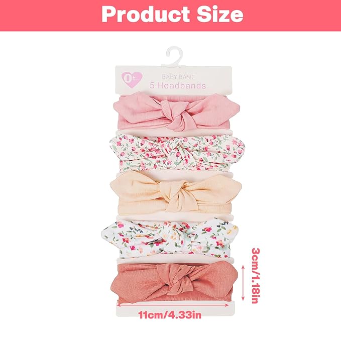 5 Pack Baby Girls Bows Headbands, Soft Polyester Hairbands Handmade Newborn Infant Toddler Hair Accessories Elastic Knot Hairbands with Hair Bows
