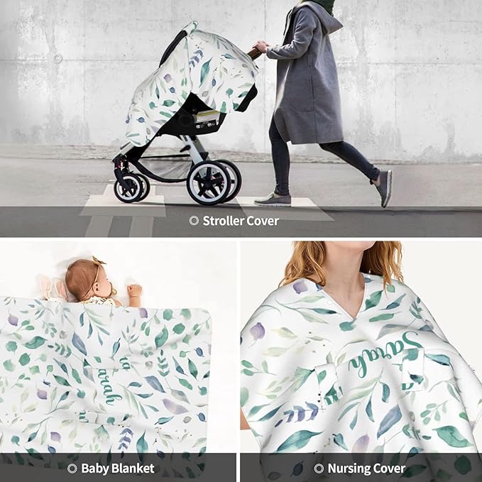 Personalized Eucalyptus Baby Infant Car Seats Canopy for Baby with Name, Custom Greenery Plants Lightweight Covers for Baby Boys Girls, Minky Nursing Breastfeeding Stroller Cover for Newborn